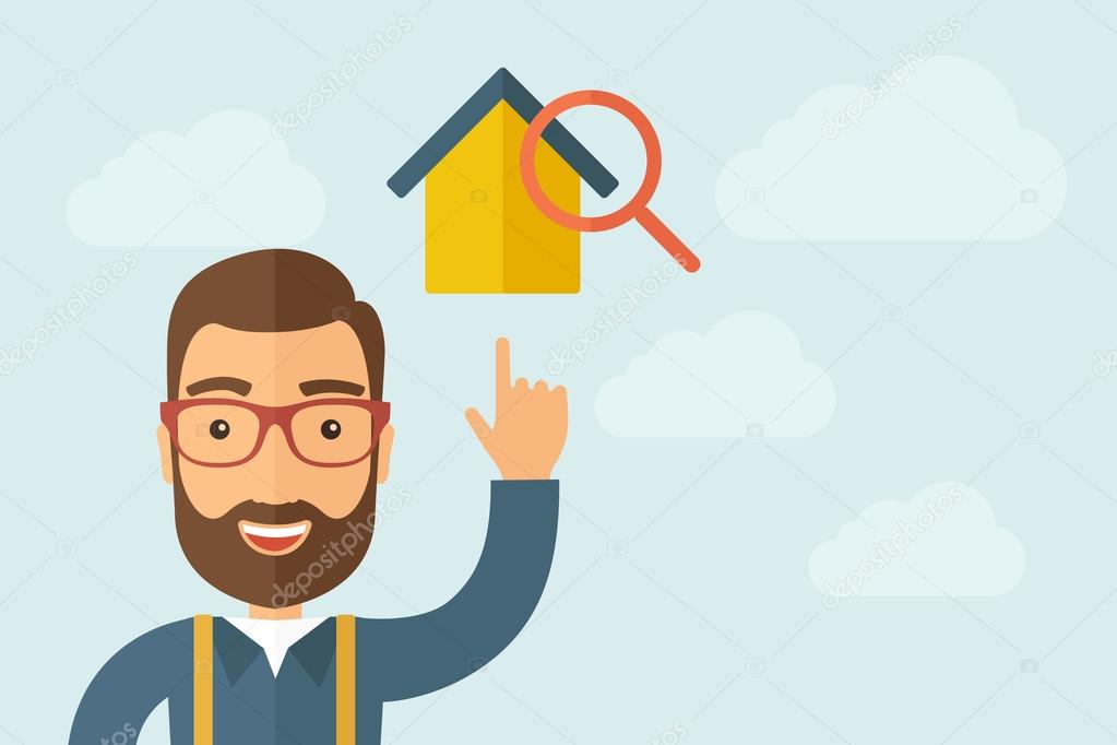 Man pointing the house with magnifying glass icon