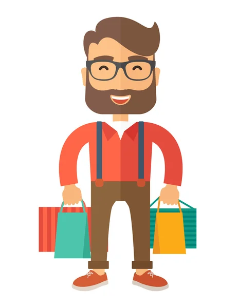 Hombre de negocios divertido con bolsas de compras — Vector de stock