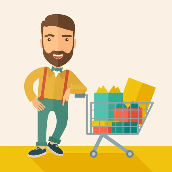 Hombre con carrito de compras — Vector de stock