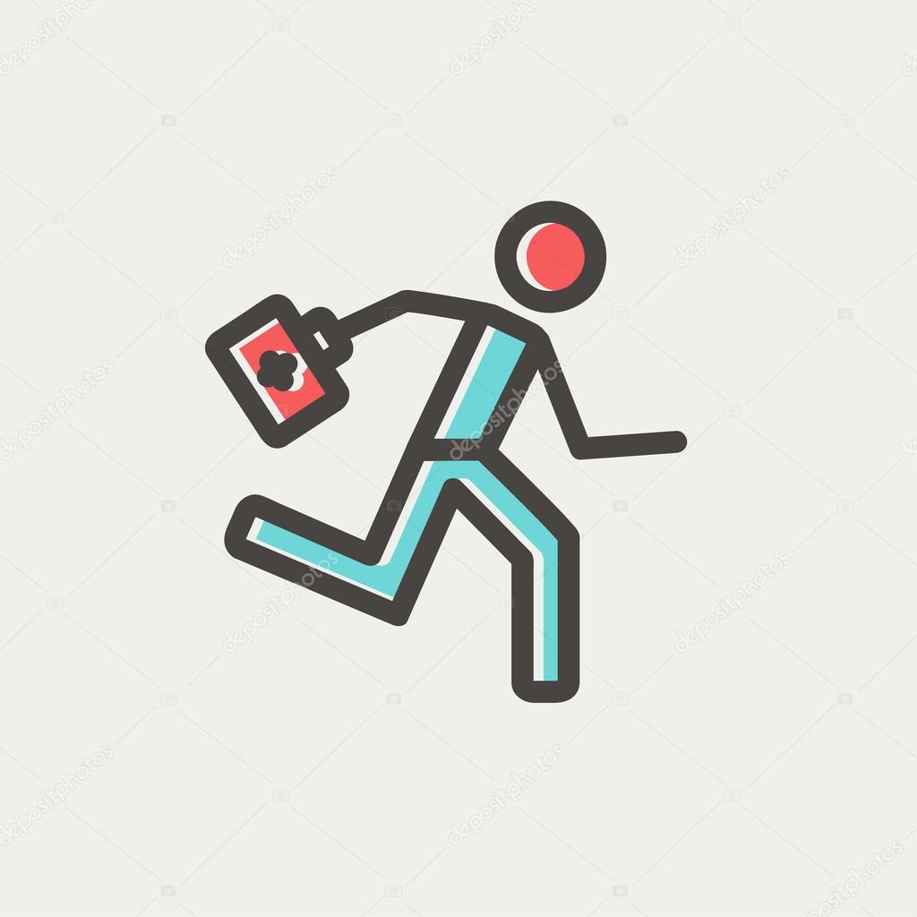 Paramedic running with first aid kit thin line icon