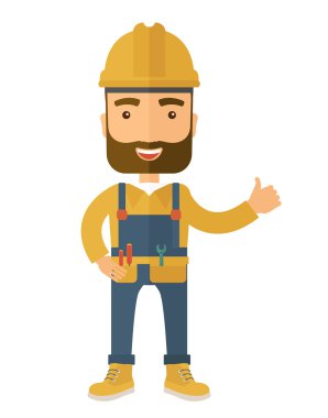 Illustration of a happy carpenter wearing hard hat and overalls clipart