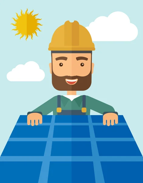 Άνθρωπος βάζοντας έναν ηλιακό συσσωρευτή στη στέγη. — Διανυσματικό Αρχείο