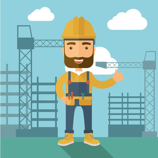 Homme debout devant la tour de la grue de construction . — Image vectorielle