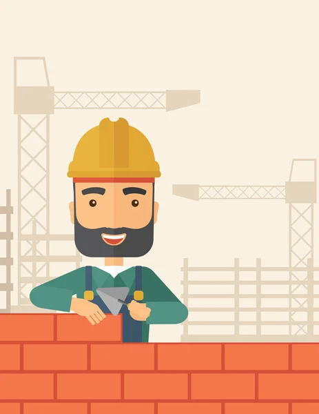 Builder man bygger en tegelvägg. — Stock vektor