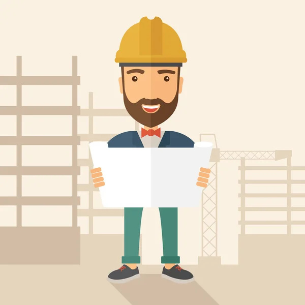 Stavební dělník drží plán. — Stockový vektor
