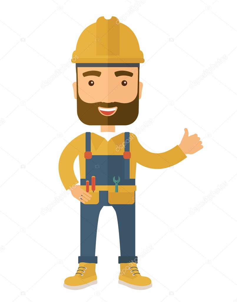 Illustration of a happy carpenter wearing hard hat and overalls
