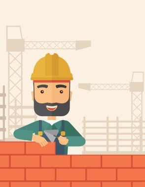 Builder man is building a brick wall. clipart