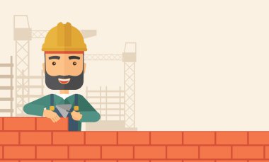 Builder man is building a brick wall. clipart