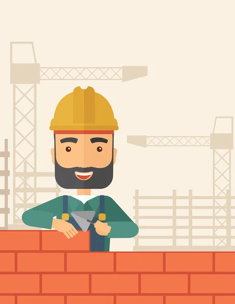 Builder man is building a brick wall. — Stock Vector