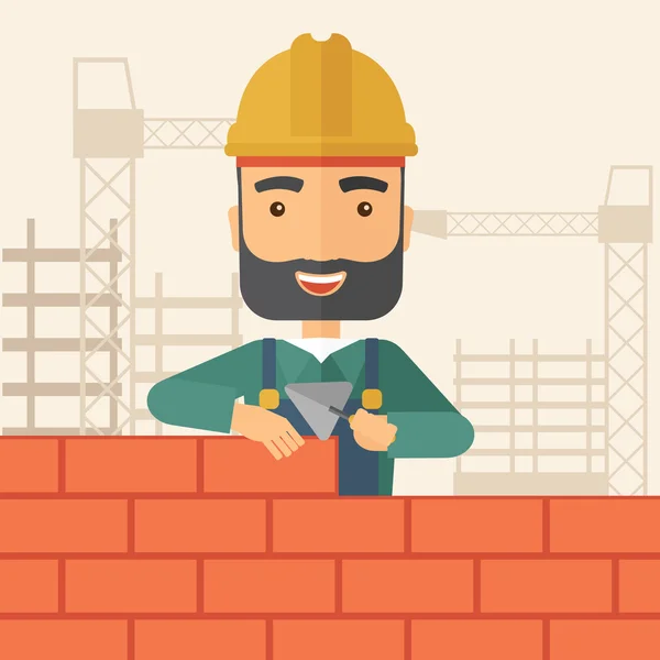 Builder man is building a brick wall. — Stock Vector