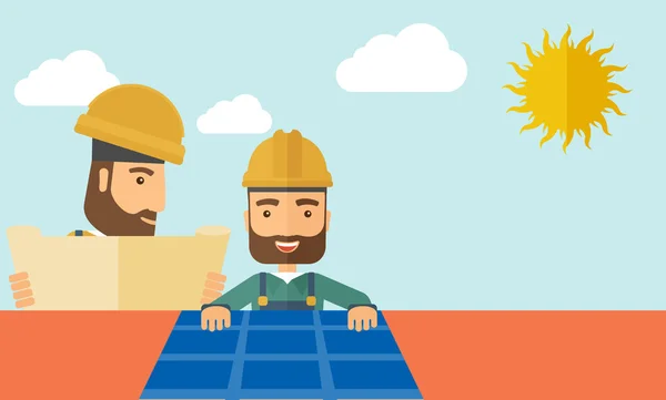 Man putting a solar panel on the roof. — Stock Vector