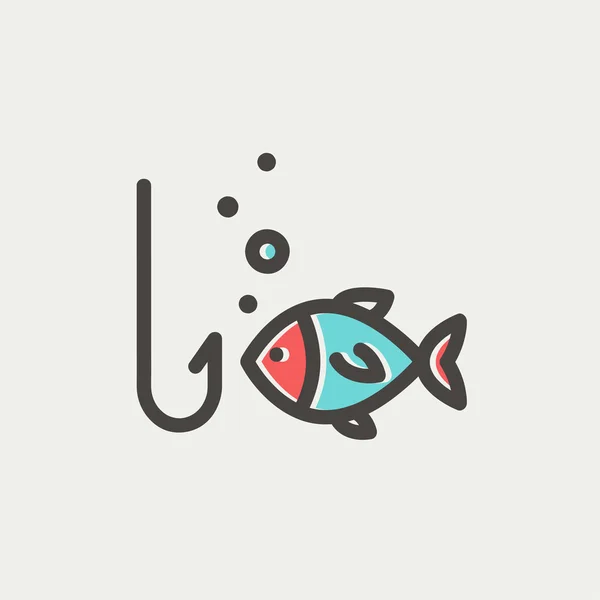 Fish está buscando en un gancho de pescado icono de línea delgada — Vector de stock