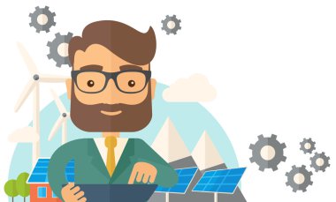 Orta yetişkin erkek mühendis Blueprint holding.