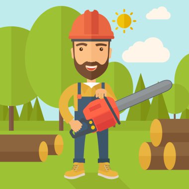 Oduncu bir ağaç tarafından chainsaw keser.