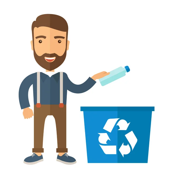 Man throwing plastic container into recycle can — Stock Vector
