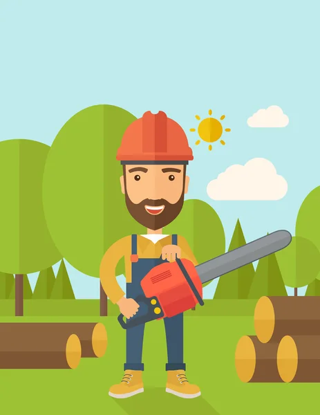 Lumberjack cuts a tree by chainsaw — Stock Vector