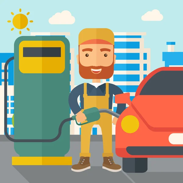 Gasoline boy filling up fuel. — Stock Vector