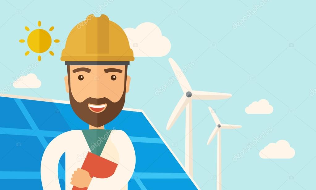 Man in solar panel and windmills.