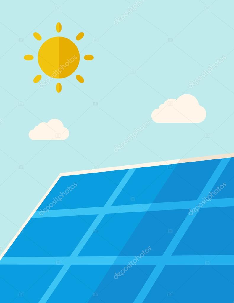 A solar energy panel under the heat of the sun. A Contemporary style with pastel palette, soft blue tinted background with desaturated clouds. Vector flat design illustration. Vertical layout