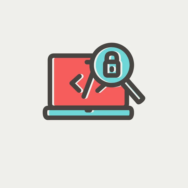 Laptop e lupa procurando ícone de linha fina de bloqueio de segurança — Vetor de Stock