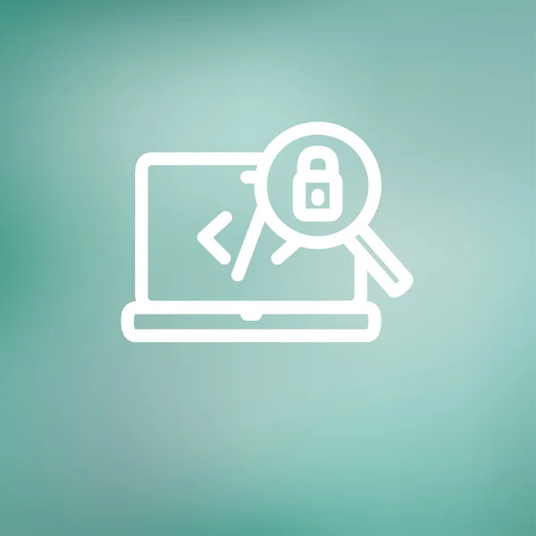 Laptop e lupa procurando ícone de linha fina de bloqueio de segurança — Vetor de Stock