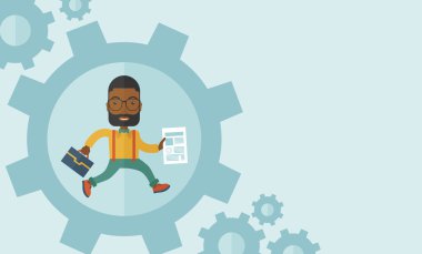 Onun iş teklifi büyük dişli içinde olarak bir çanta ve kağıt taşıyan adam.