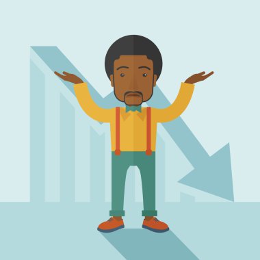 Guy raising his arms with arrow down graph. clipart