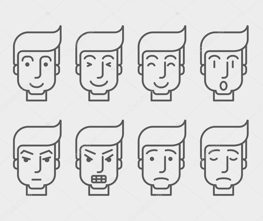 Men face with different expression in front view.