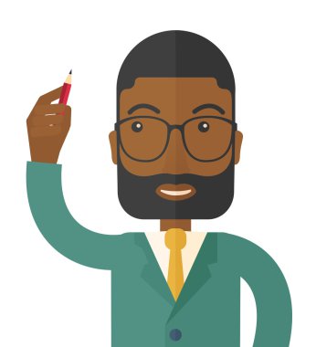 Siyah adam bir kalem tutan.