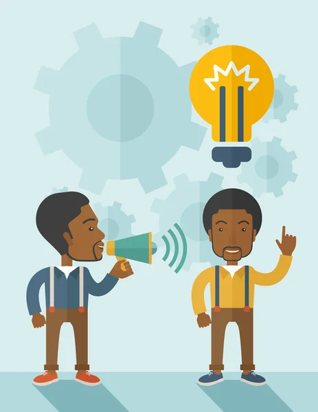 Black guys with megaphone and bulb on top of head. — Stock Vector