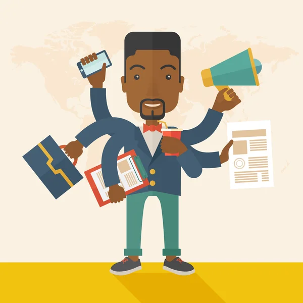 Young but happy african employee doing multitasking office tasks. — Stock Vector