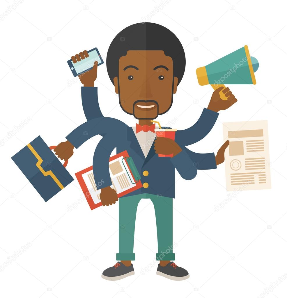 Young but happy african employee doing multitasking office tasks.