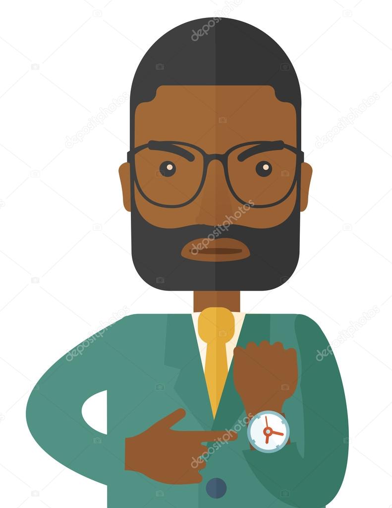 Black man is angry pointing his watch.