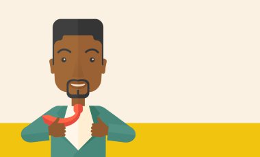 Onun elbiselerini değiştirmek için Afrika adam çalışma mutlu.