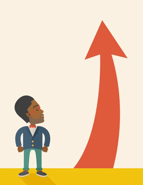 Homme d'affaires afro-américain debout à côté de la flèche rouge — Image vectorielle