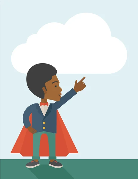 Hero african man pointing up high to the sky. — Stock Vector