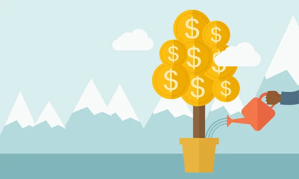 Mano humana regando el árbol del dinero . — Vector de stock