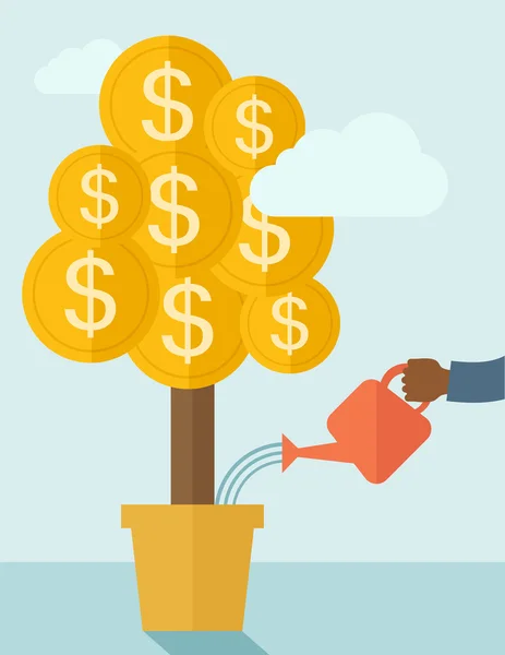 Human hand watering the money tree. — Stock Vector