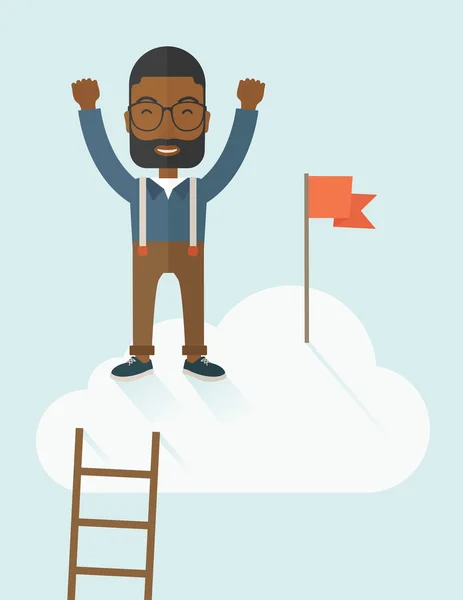 Black man standing on the top of cloud with red flag. — Stock Vector