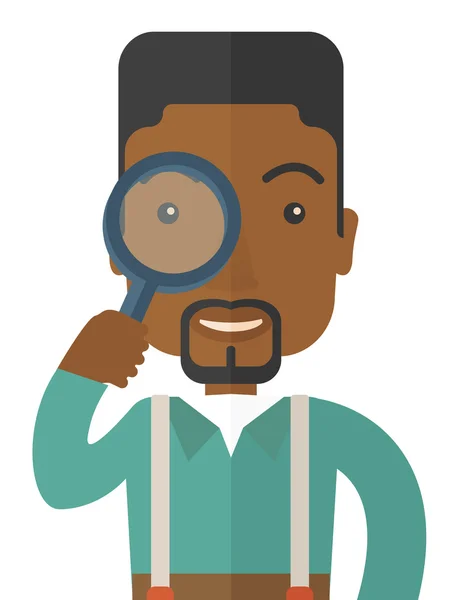 Black man with magnifying glass. — Stock Vector