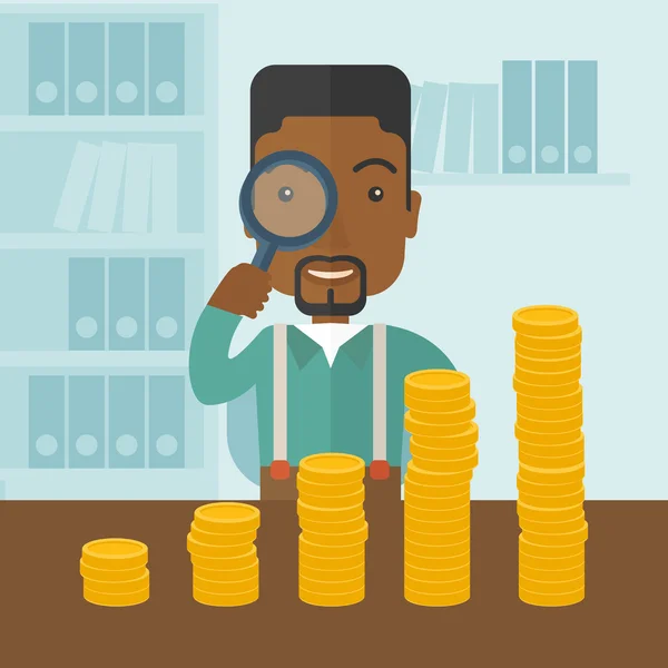 Black man looking at his growing business using magnifying glass. — Stock Vector