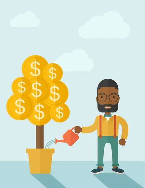 Empresario africano regando felizmente el árbol del dinero . — Vector de stock