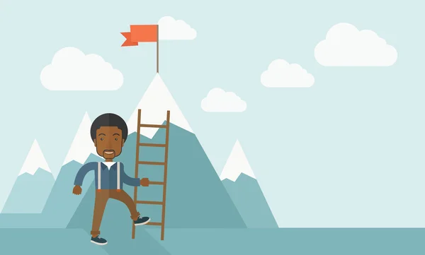 Африканский мужчина держит лестницу, шаг к успеху . — стоковый вектор