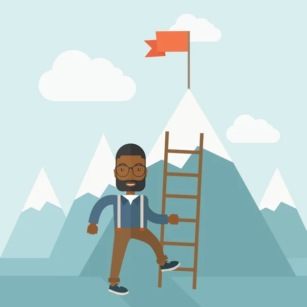 Afrikaanse man met een ladder, stap voor succes. — Stockvector