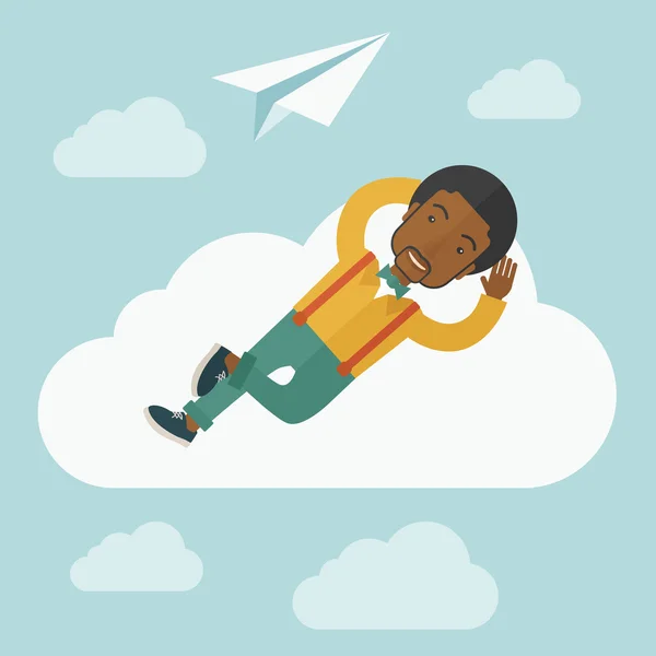 Homem negro deitado em uma nuvem com avião de papel . —  Vetores de Stock