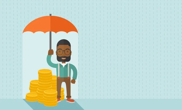 Homme d'affaires afro-américain avec parapluie pour protéger son investissement . — Image vectorielle