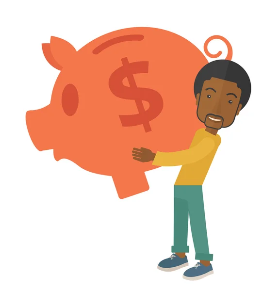 Afrikaanse zakenman draagt een grote spaarvarken om geld te besparen. — Stockvector