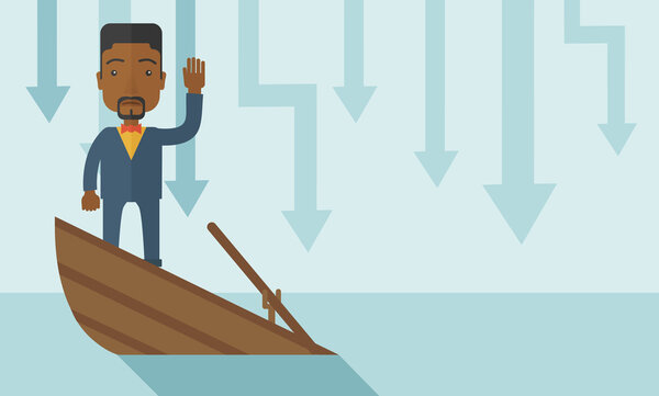 Failure black businessman standing on a sinking boat.