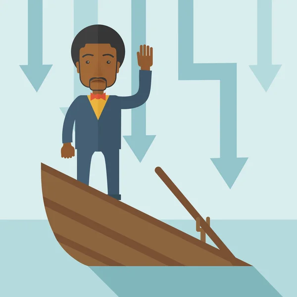 Failure black businessman standing on a sinking boat. — Stock Vector