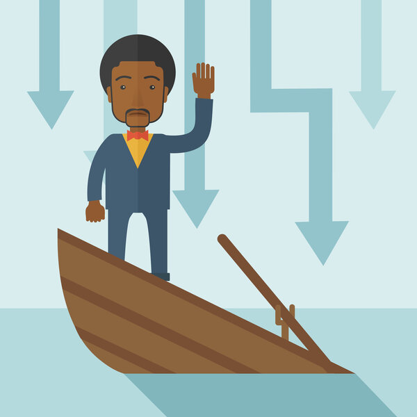 Failure black businessman standing on a sinking boat.